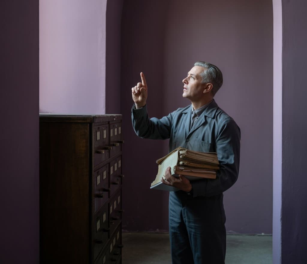 Lucrator arhiva care arata cu degetul catre butonul de deasupra